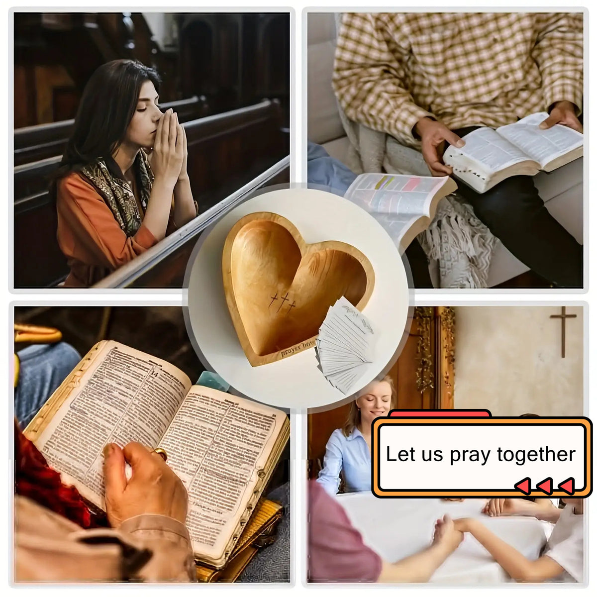 Heart Shaped Wooden Prayer Bowl | Christian Gift for Women, Religious Home Decor, Thoughtful Congregation Gift, Natural Wood Grain Design, Spiritual Home Decor | Heart Shaped Design | Smooth Wooden Surface, Let'S Pray Together (Non-Food Contact)