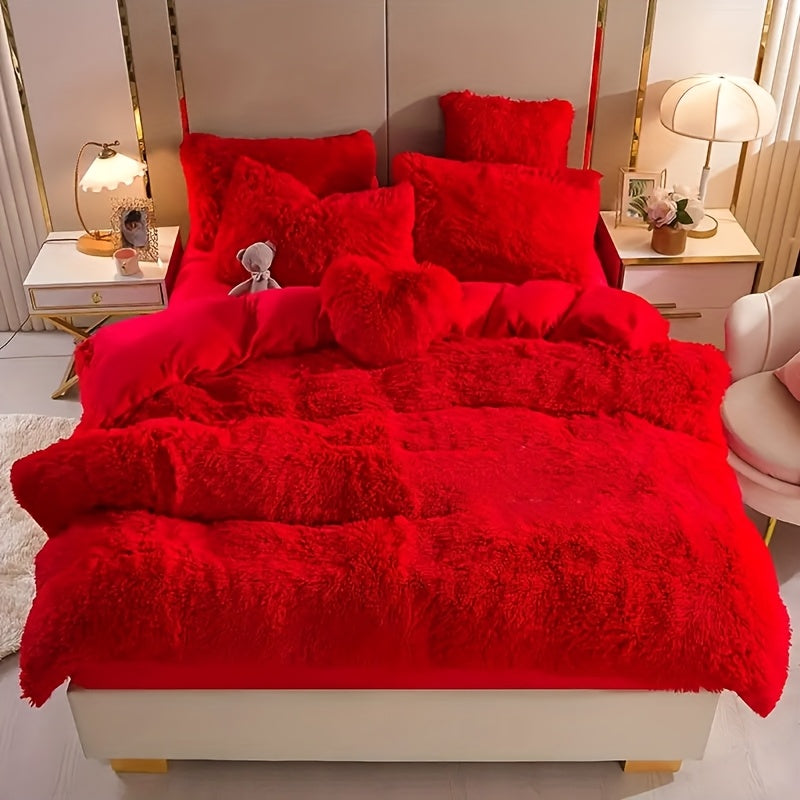 4pcs Fluffy Comforter Cover Set Queen King, Soft Plush Duvet Cover Set with Pillow Shams, All Season Cozy Bedding, No Insert