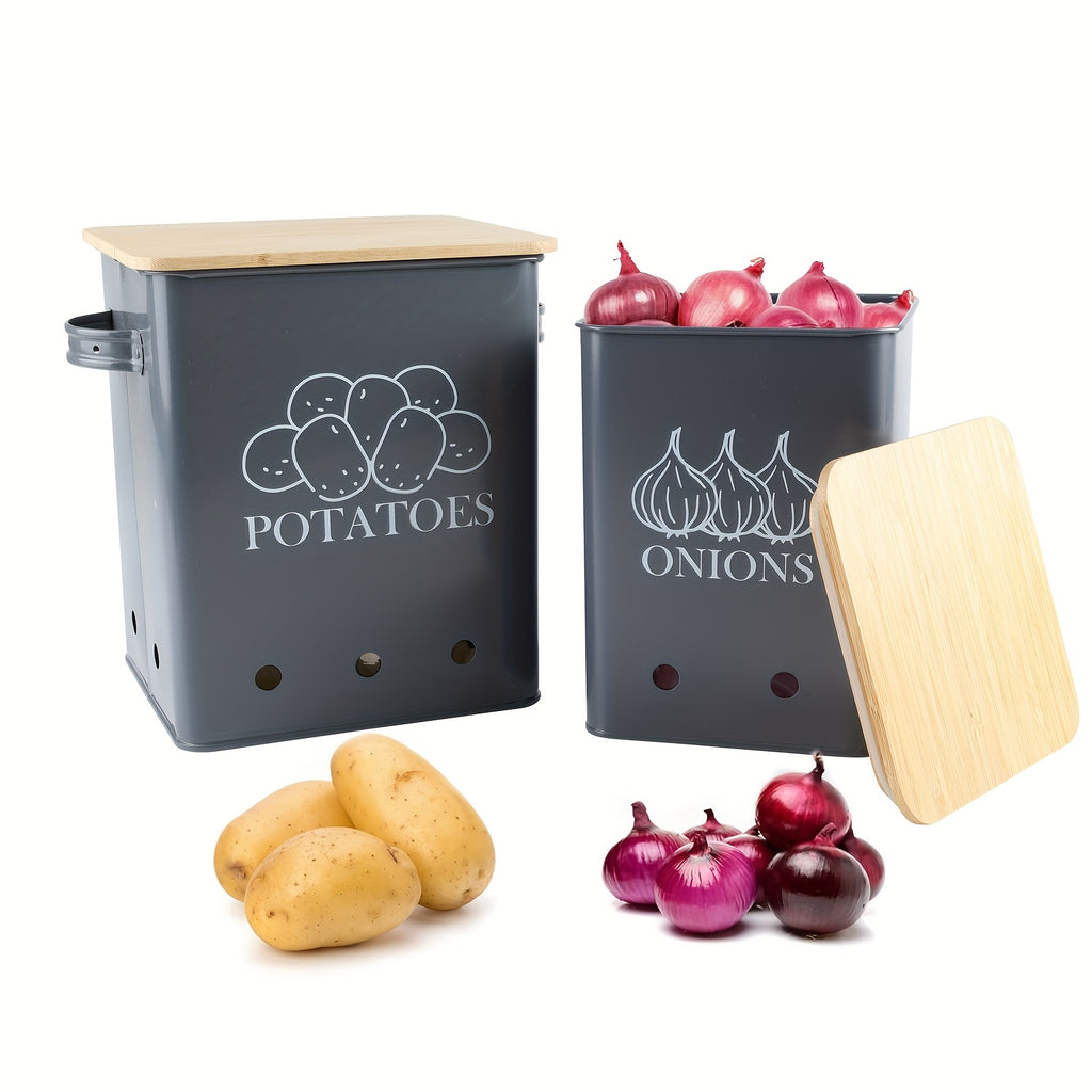 Kitchen Storage Canister, Potato Onion Storage Bin With Aerating Tin Storage Holes & Wooden Lid, Kitchen Organizers For Onion, Potato, Fruit, Black