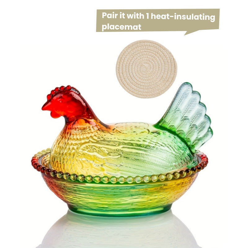 Adorable Candy-Colored Chicken-Shaped Crystal Glass Storage Jar with Lid and Placemats - Perfect Table or Desk Ornament Decorative Dish - Ideal for Candy, Snacks, Jewelry, or Desktop Decor, Organizing Supplies, Kitchen Accessories - Home Storage