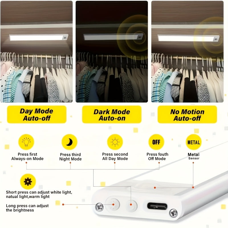 4/2/1pc LED Motion Sensor Under Cabinet Lights, 3 Color Temperatures Wireless USB Rechargeable Night Light, Indoor Closet Lights, Stick-On Anywhere Magnetic Under-Counter Light Fixtures For Kitchen Cabinet Wardrobe Cupboard Stairs.