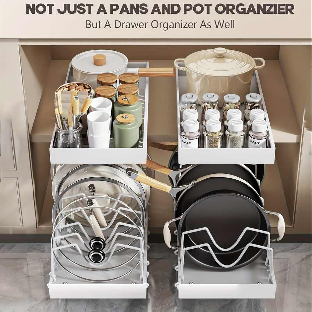 Pull-Out Pan Organizer for Kitchen Cabinets with Adjustable Dividers, Sliding Pot Lid and Bakeware Storage Rack in Black or White, 1 or 2 Pieces