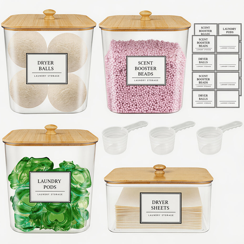 2/3/4+1 Pack Laundry Organization And Storage And Dryer Sheet Holder Set, Clear Laundry Room Organization Containers with Bamboo Lids And Labels, Laundry Pods Holder for Scent Booster, Powder, Pod