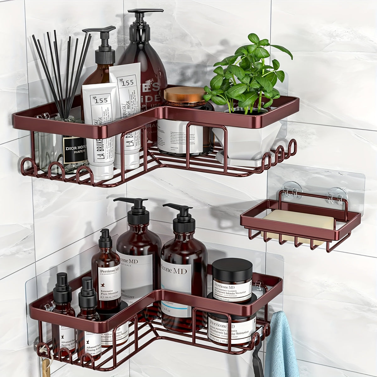 Corner Adhesive Shower Caddy, with Soap Holder And 12 Hooks, Rustproof Stainless Steel Bathroom Organizer, No Drilling Wall Mounted Rack, Random Color Properties to Choose, Shower Caddies