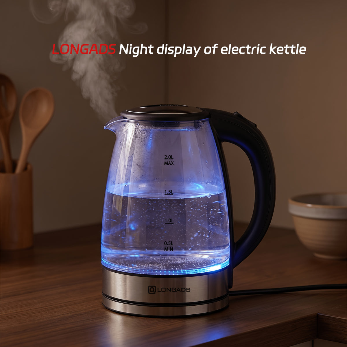Electric Kettle, 67.63oz Large Capacity, Glass Electric Kettle, 1000W High Power, Anti-dry Burning And Rapid Heating, Suitable For Kitchen, Dining Room And Living Room, For Brewing Coffee And Milk, Saving More Heating Time And Being Safer.