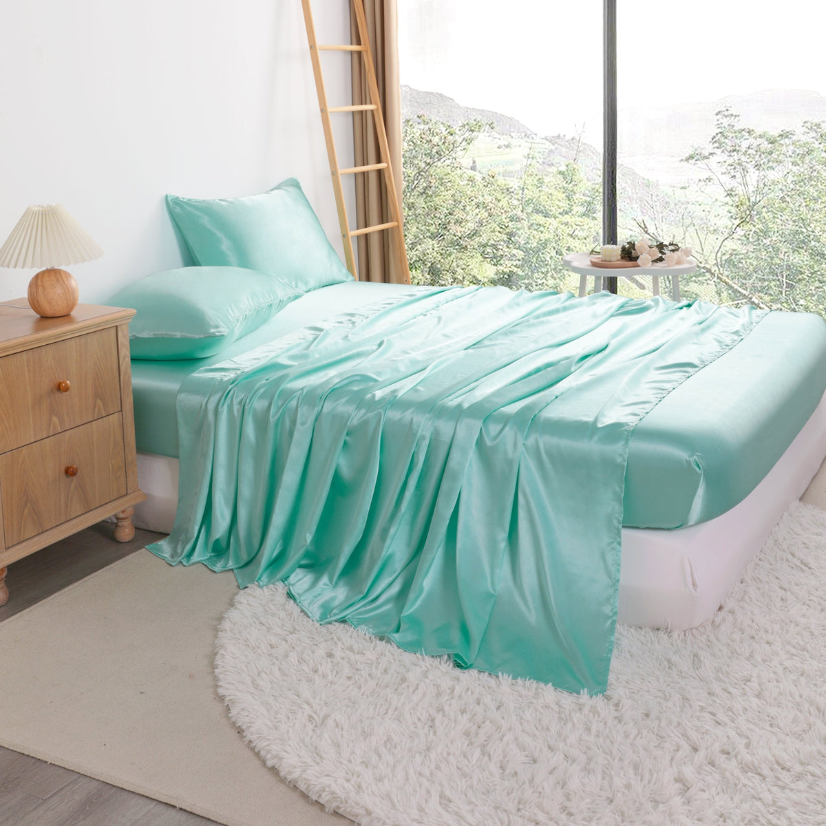 4pcs Cooling Satin Bed Sheet Set, Shrink-Resistant, Fade-Resistant, Hypoallergenic, Breathable,Flat Sheet & Fitted Sheet & Pillowcase Set with Deep Pocket, 300 Gsm