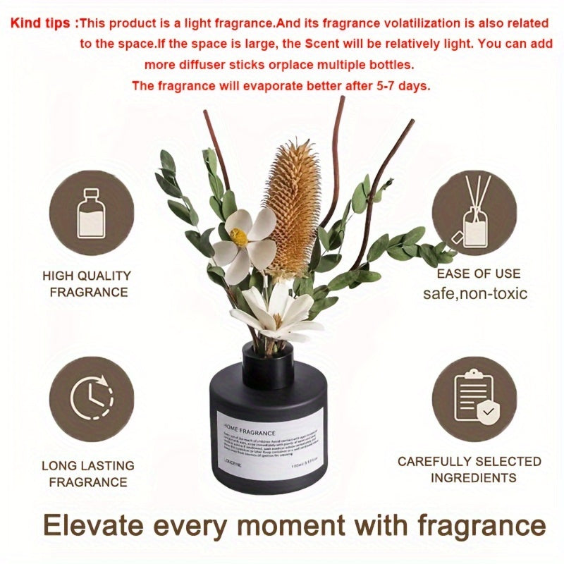 KBHOMFRA Real Flower Reed Diffuser 3.38 Oz(100ml) Jasmine Tea Home Fragrance Scent Essential Oil Diffuser With Sticks Aroma Home Christmas Decor For Air Fresheners Bathroom