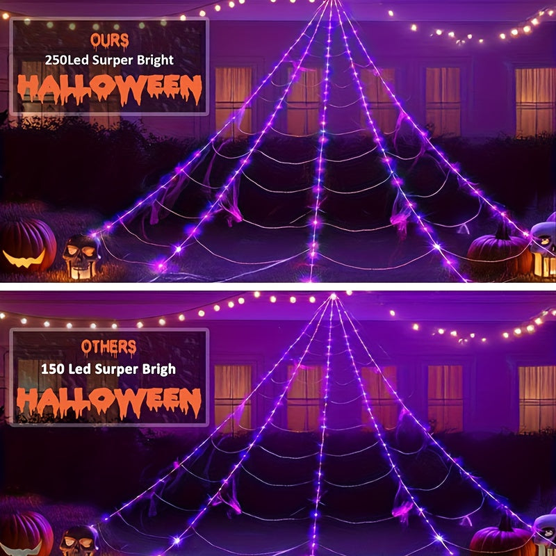 16ft Giant Spider Web LED Lights - 250 Purple 8 Lighting Modes, Outdoor Halloween Decorations, No Power Required, Easy To Hang, Suitable For Scary Holiday Displays, Halloween Decorations