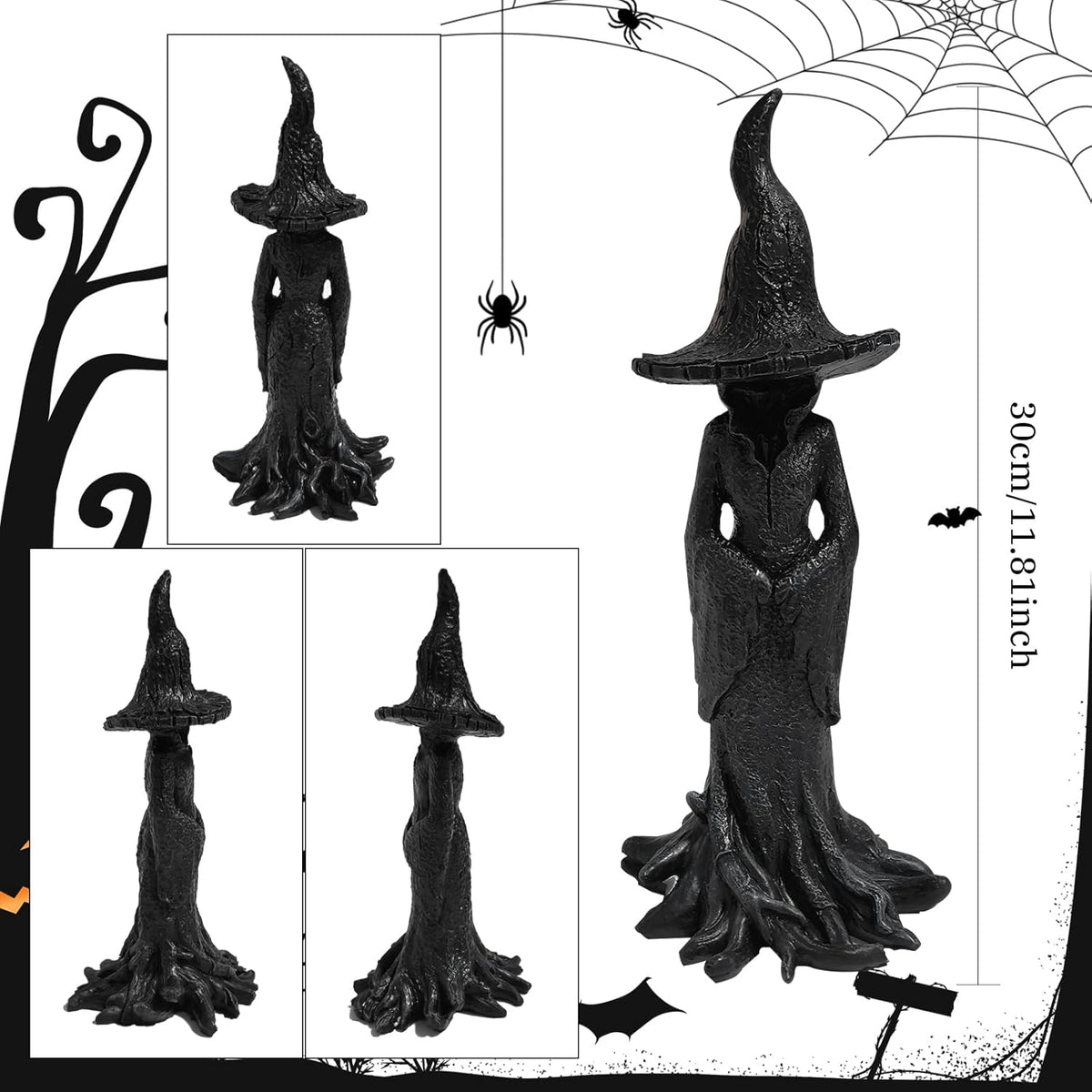 12 Inches 8 Inches Gothic Witch Statue - Hand-Painted Style Plastic Tabletop Decor with Black & Golden Gothic Design, Intricate Witch Figure with Pointed Hat & Expressive Eyes Year-Round Spooky Home Accent for Witch-Themed Parties & Gothic Home Decor