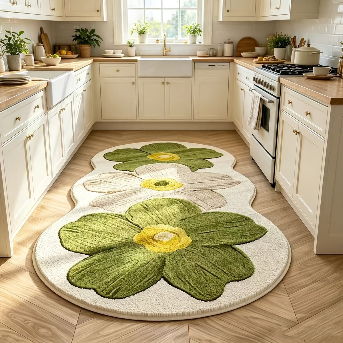 1000G Non-Slip Cute Floral Furry Carpet Kitchen Rugs Mats, Soft And Fluffy Bedside Carpet, Luxury Living Room Decoration, Rubber Non-Slip Bottom, Machine Washable, Suitable for Kitchen, Corridor, Bedroom Bedside Mat
