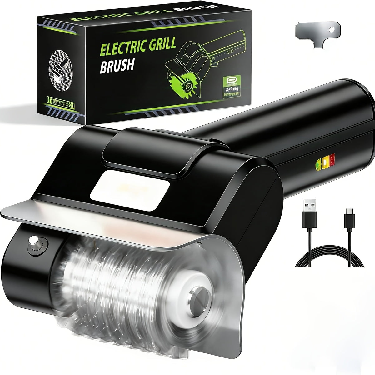 [Portable Outdoor BBQ Scrubber] Cordless Electric Grill Brush, 800 RPM Rotating Grill Cleaner, 2000Mah Rechargeable Battery, 304 Stainless Steel Bristles BBQ Cleaning Tool, Includes Replacement Brush Head And 1 Pair Gloves, Portable Outdoor Barbecue Grill