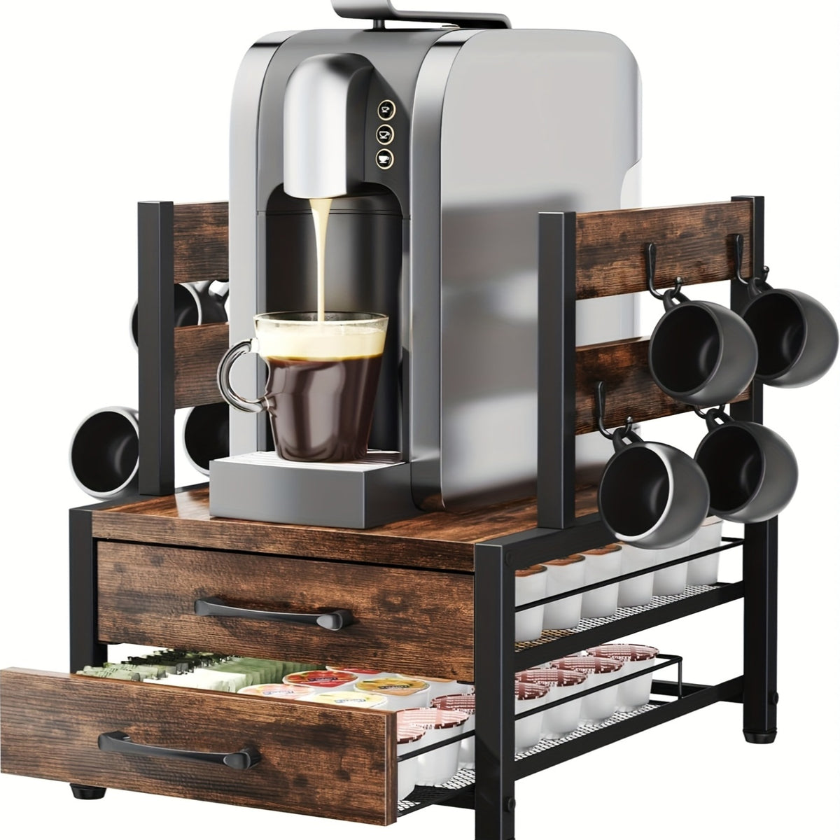 Double Deck Coffee Capsule Storage Rack & Mug Holder, Coffee Rack, K Cup Holder Drawer - Coffee Pod Organizer, Sturdy K Cup Storage Drawer With Mug Holder, 70 Capacity Pods, Home Kitchen Counter Organizer, Country Brown
