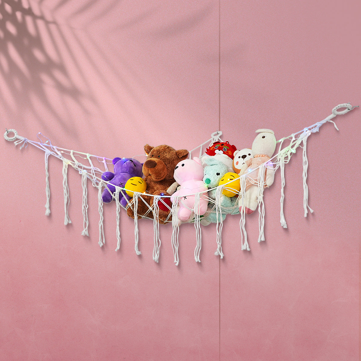 Stuffed Animal Storage Hammock with Lights, Polyester Corner Hanging Plush Toy Net with 3 Hooks in Pink, Blue, White or Black for Bedroom Organization