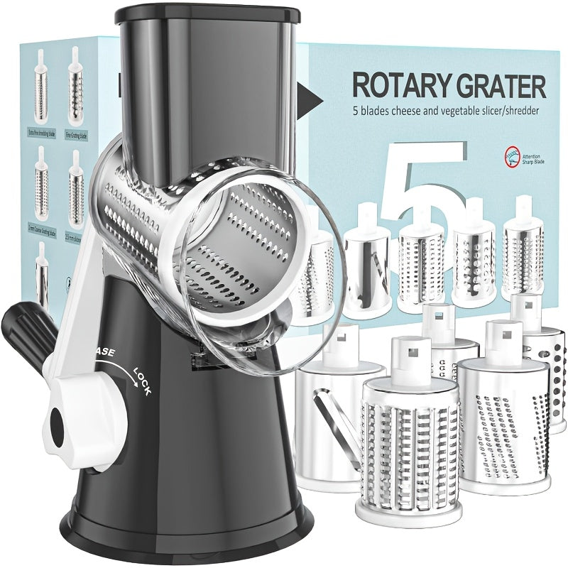 Rotary Cheese Planer Hand Crank Cheese Shredder Fresh Cheese, Vegetable Nuts, Non-Slip Suction Base, Free Cleaning Brush Three Blades