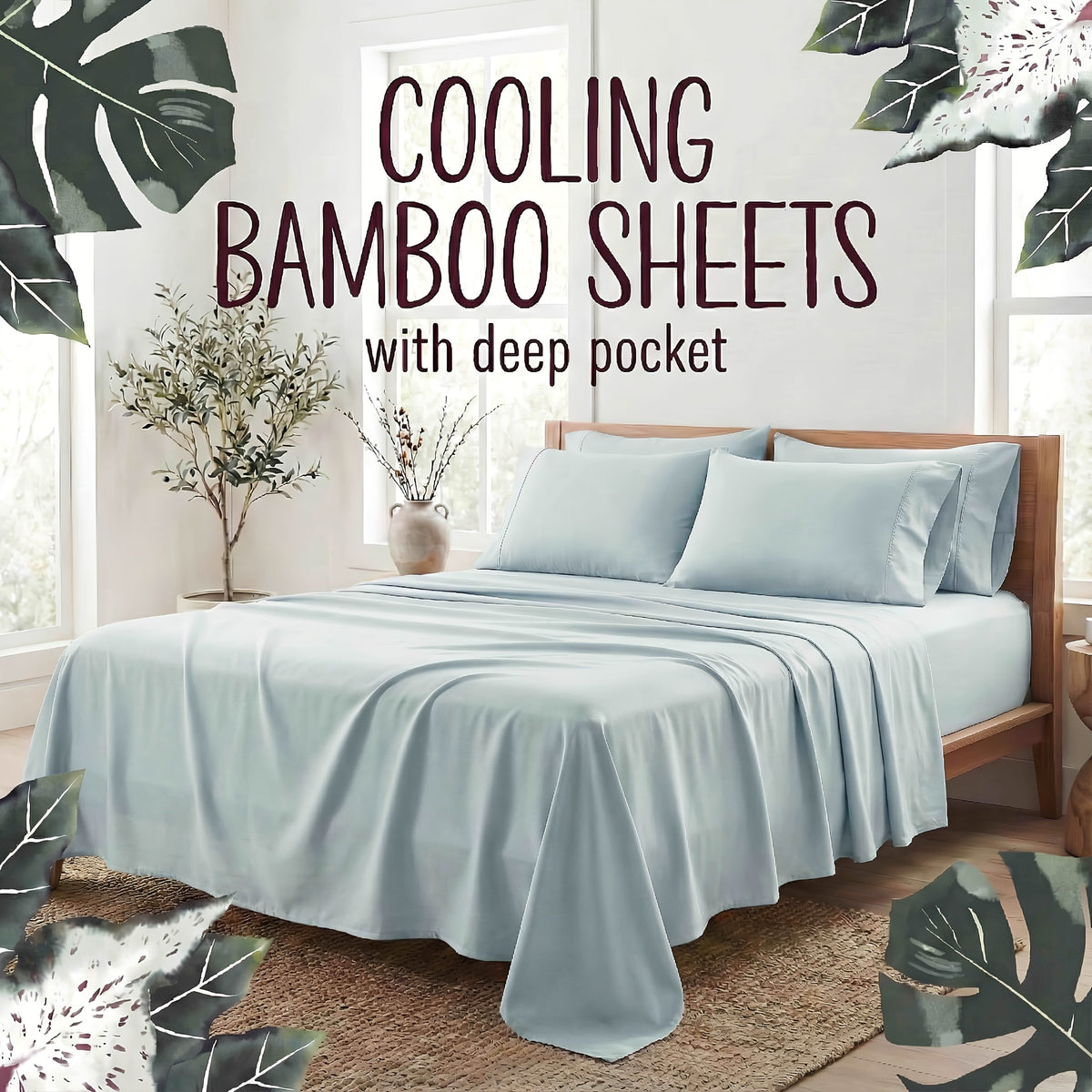 4-Piece Bamboo Fiber Bedding - Hypoallergenic and Temperature-Regulating, Suitable for All Seasons to Care for Deep Sleepers, Luxurious Bedding with Deep Pockets, Wrinkle-Resistant and No Ironing Needed, Great for Room and Bedroom Decor