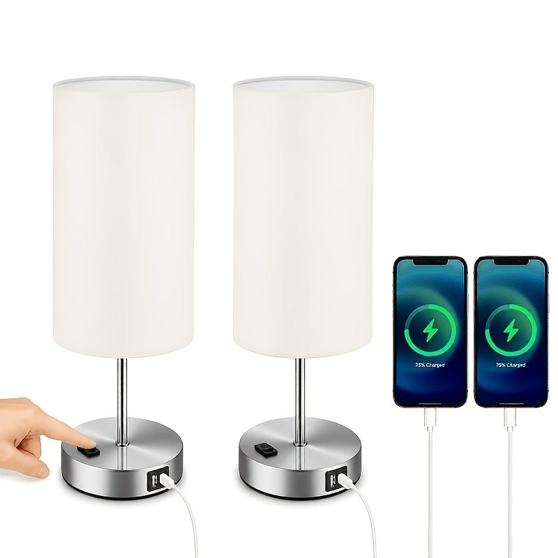 Dimmable Table Lamps with USB Charging Ports And AC Outlet, 3-Way Switch Control Bedside Nightstand Lamps, Wood/Metal Base, Modern Desk Lamps for Bedroom, Living Room, Office, Bulbs Included (1/2 Pack)