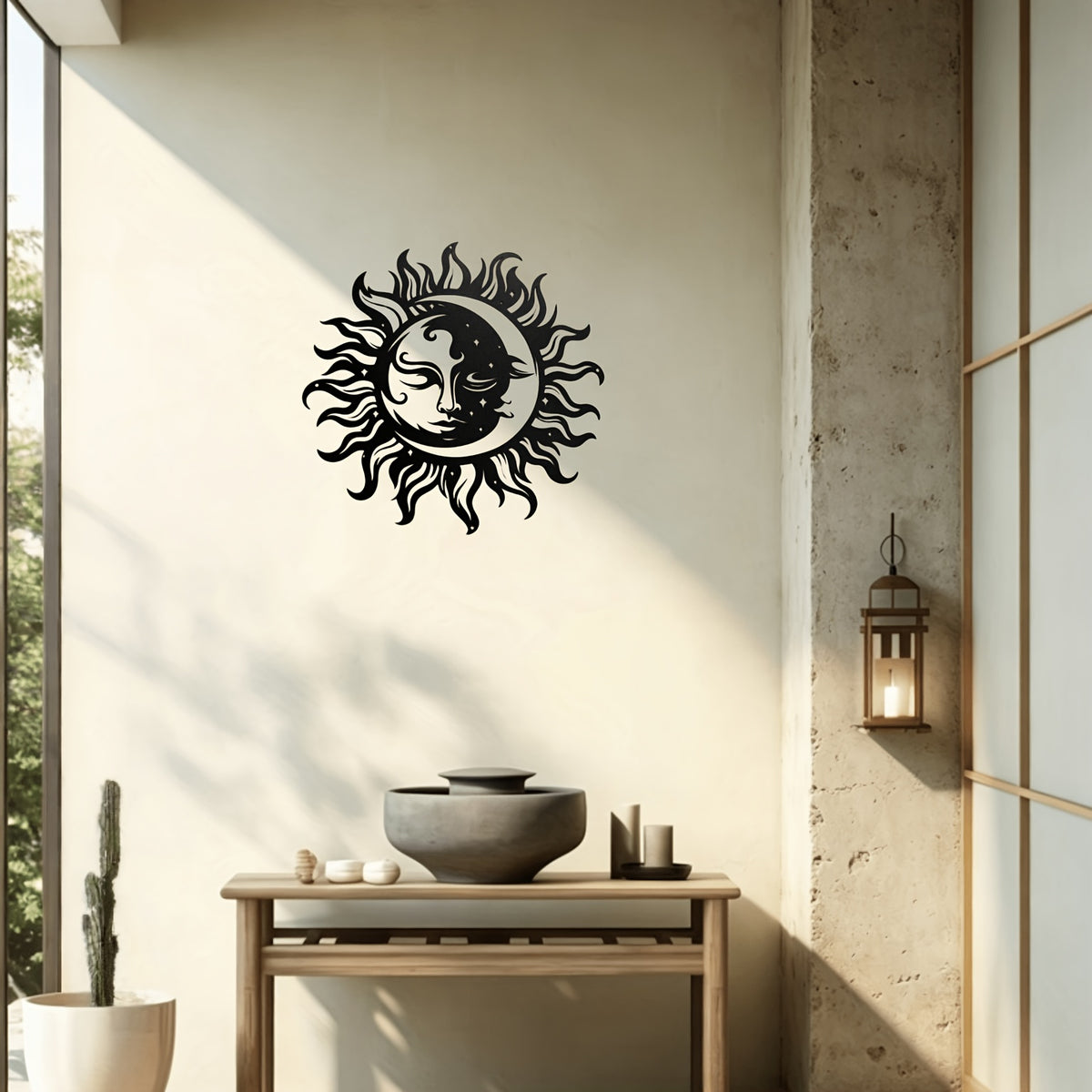 Sun and Moon Metal Wall Art, Single-Piece Black Iron Celestial Plaque with Intricate Symbolic Design for Home, Office and Garden Decor or Housewarming Gifts