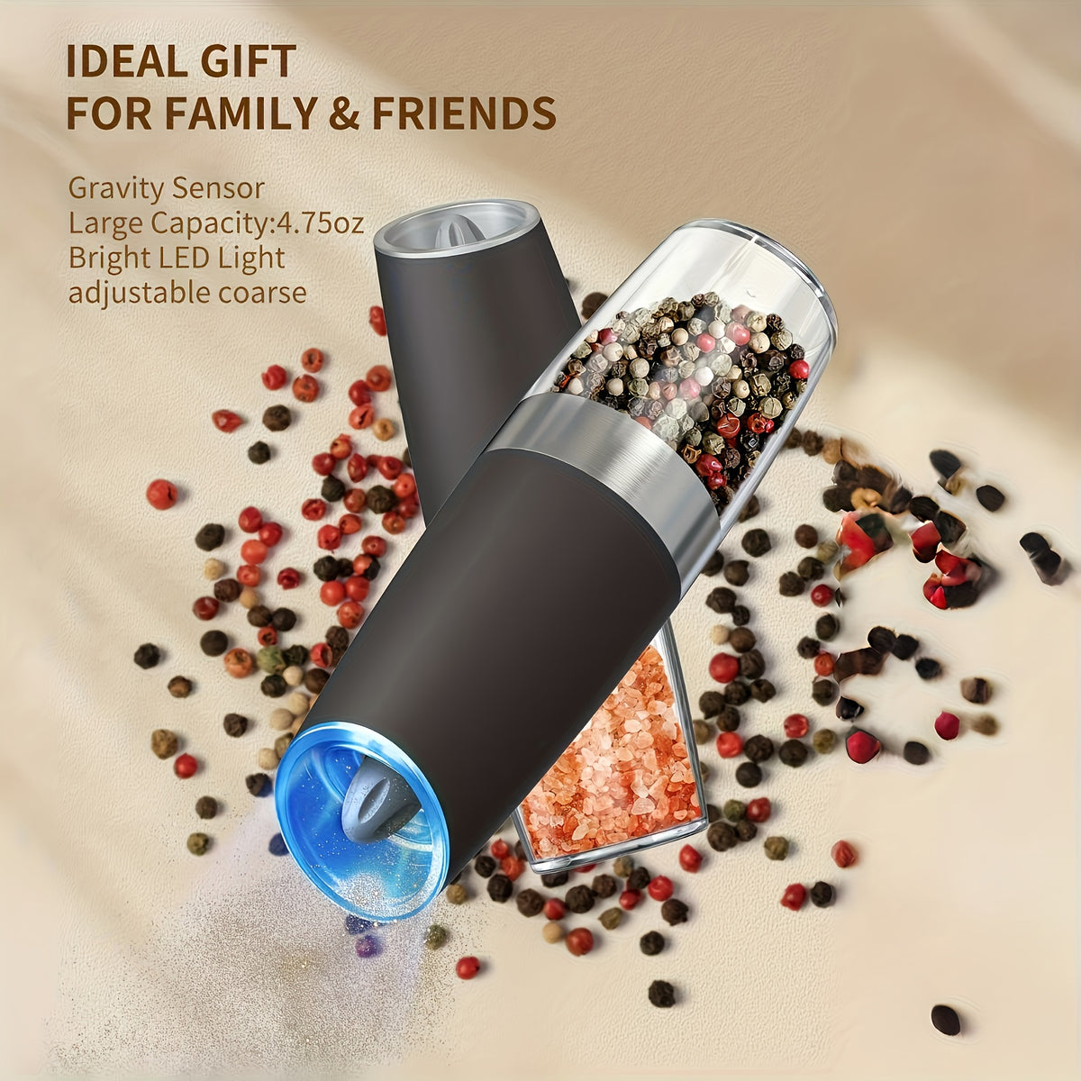 Electric Salt and Pepper Grinder with LED Lights, Large Capacity Gravity-Driven Mill for One-Handed Seasoning in Single or Two-Piece Color Options