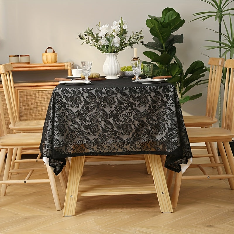 Elegant White Lace Tablecloth with Intricate Phoenix Tail Flower Embroidery - Perfect for Weddings, Receptions, Dinners, and Home Decor - Polyester, Rectangular, Machine-Made, Holiday Table Setting|Floral Lace Design|Polyester Fabric