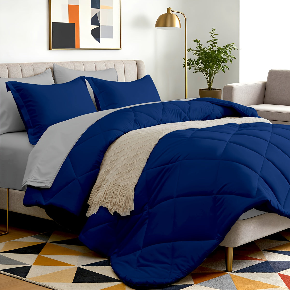5/7pcs Luxurious Double-sided Checked Pattern Comforter Set-Breathable-Ultra Soft Fluffy Fiber Filling, Warmth for All Seasons-Bed In A Bag with Comforter, Flat Sheet, Fitted Sheet, Pillowcases, And Pillowshams, Family Gift Set, Random Color