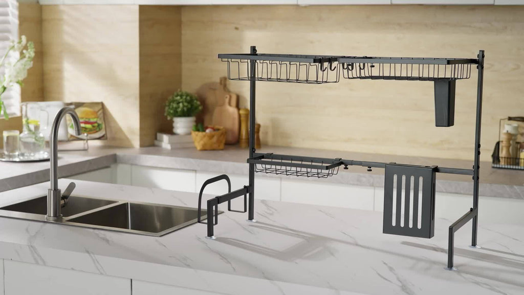 Expandable Multi-Tier Black Kitchen Organizer with Dish Rack, Drainage Tray, Spice Shelf & Towel Holder - Space-Saving Sink Storage for Dishes, Utensils | Durable Black Metal | Dustproof Design, Kitchen Accessories, Kitchen Organizers And Storage