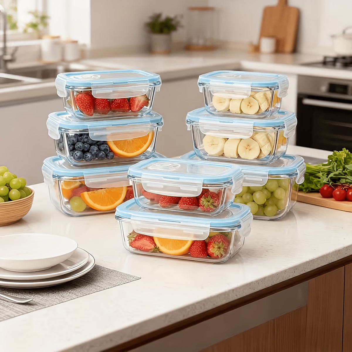 16pcs Sealed Glass Food Storage Containers, Lunch Box, Microwave, Oven - Great For Salads, Fruits, Vegetables And Sandwiches, Lunch Box | Sealed Storage | Durable Glass, Food Storage Containers (8 Lids + 8 Containers)