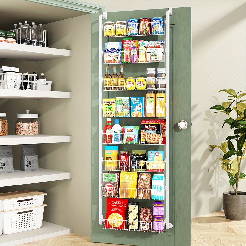 Metal Over Door Pantry Rack, 6 or 8 Tier Hanging Storage Organizer in Black or White for Spices, Packaged Foods, Bathroom Essentials and Laundry Supplies