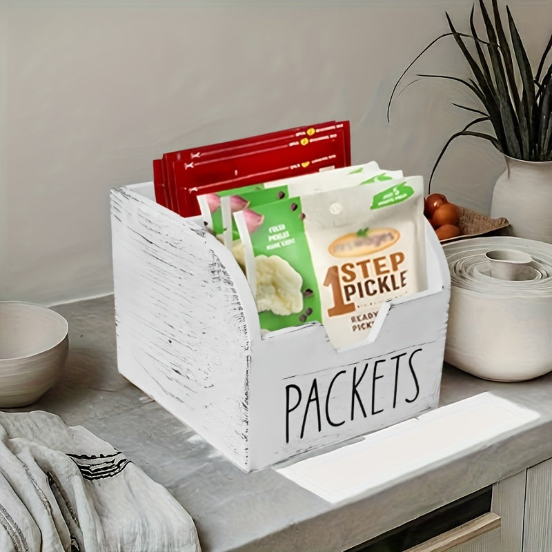 Wood Spice Packet Organizer with Dividers, Rustic Farmhouse Seasoning Storage Box for Kitchen Countertops and Cabinets in Black White or Brown