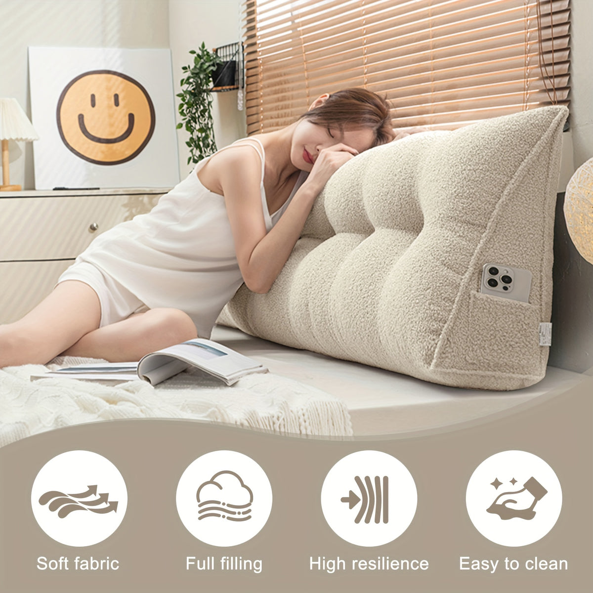 Headboard Reading Pillow, Triangular Teddy Velvet Backrest Cushion with Side Pocket and Removable Washable Cover for Twin, Queen and King Beds