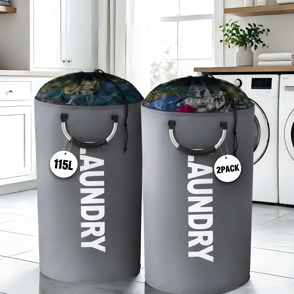 2-Pack Extra Large 25.1gal/30.38gal Foldable Laundry Baskets with New Drawstring Closure Design, Multi-Purpose Fabric Clothes Storage Baskets for Bathroom, Bedroom, Outdoor, And Dorm (Space-Saving Design); Each with Ring Handles, Premium Laundry Storage B