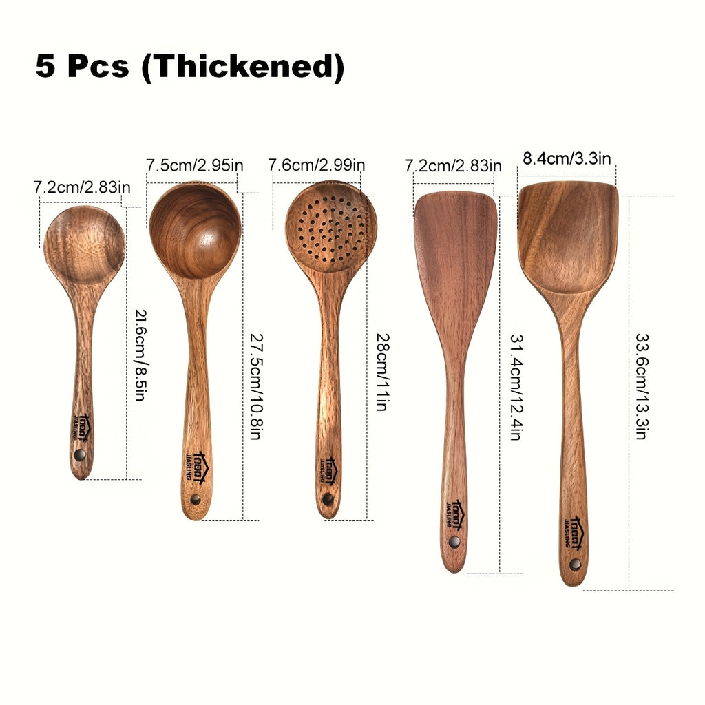 3/5/7Pcs Premium Wooden Kitchen Utensils Kit -Ergonomic Handles Natural Wooden Spoons Spurtle Ladle and Wok Spatulas Heavy-Duty Wooden Utility Set for Non-Stick Pans Heat Resistant Easy to Clean and Durable Kitchen Essentials Cookware Accessories