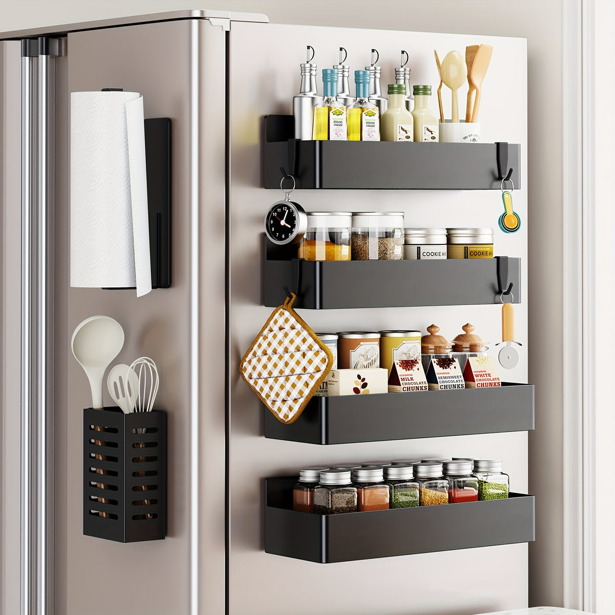 5/6pcs Multifunctional Magnetic Refrigerator Spice Organizer Set, Magnetic Kitchen Paper Towel Holder, Magnetic Refrigerator Kitchen Utensil Organizer with Four Hooks, Space Saving Design, Hole-Free Design, Kitchen Accessories, Home Decoration, Utility Sh