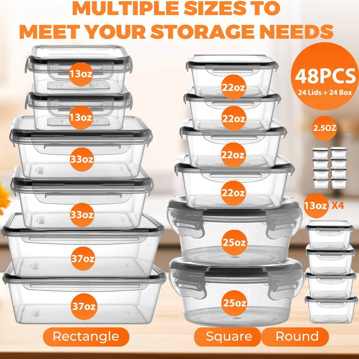 24/48/50pcs Includes 12/24/25 Containers, 12/24/25 LidsDeluxe Food Storage Container Set, High Quality - Airtight Seal, BPA-Free, Easy-Snap Lids, Stackable, Microwave Safe -, Free Labels and Kitchen Storage Marker, Perfect for Travel and Outdoor