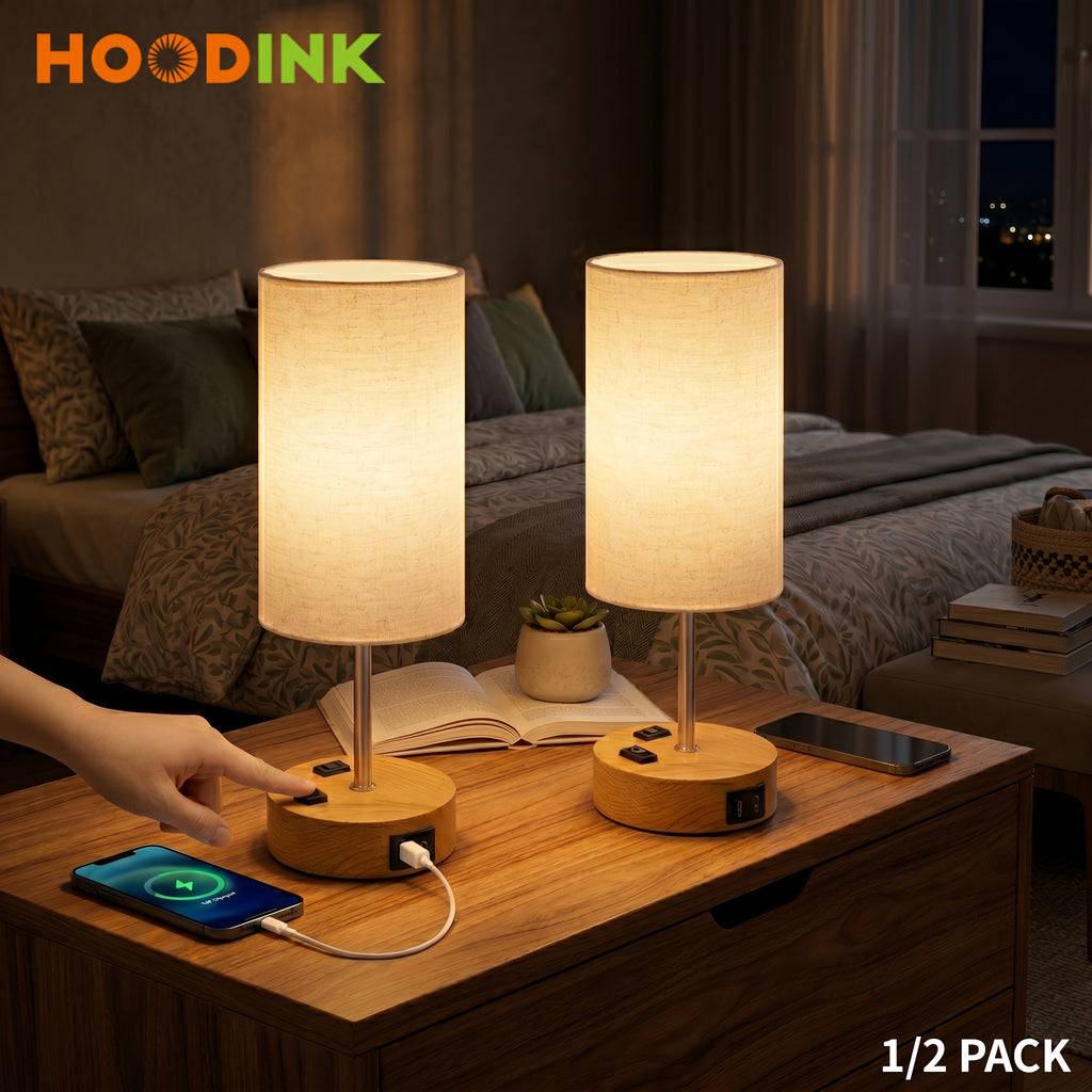 Dimmable Table Lamps with USB Charging Ports And AC Outlet, 3-Way Switch Control Bedside Nightstand Lamps, Wood/Metal Base, Modern Desk Lamps for Bedroom, Living Room, Office, Bulbs Included (1/2 Pack)