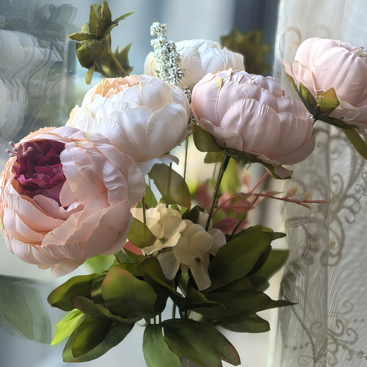 Vintage Faux Peonies, Peonies And Hydrangeas for Bridal Home Decor - Beautiful Floral Centerpiece (rustic, Pink, Green Mix).