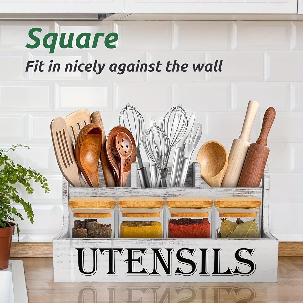 Extra Large Kitchen Utensil Organizer with 4 Compartments, White Wooden Kitchen Utensil Organizer for Kitchen Countertops, Farmhouse Utensil Storage, Rustic Cooking Utensils - White.