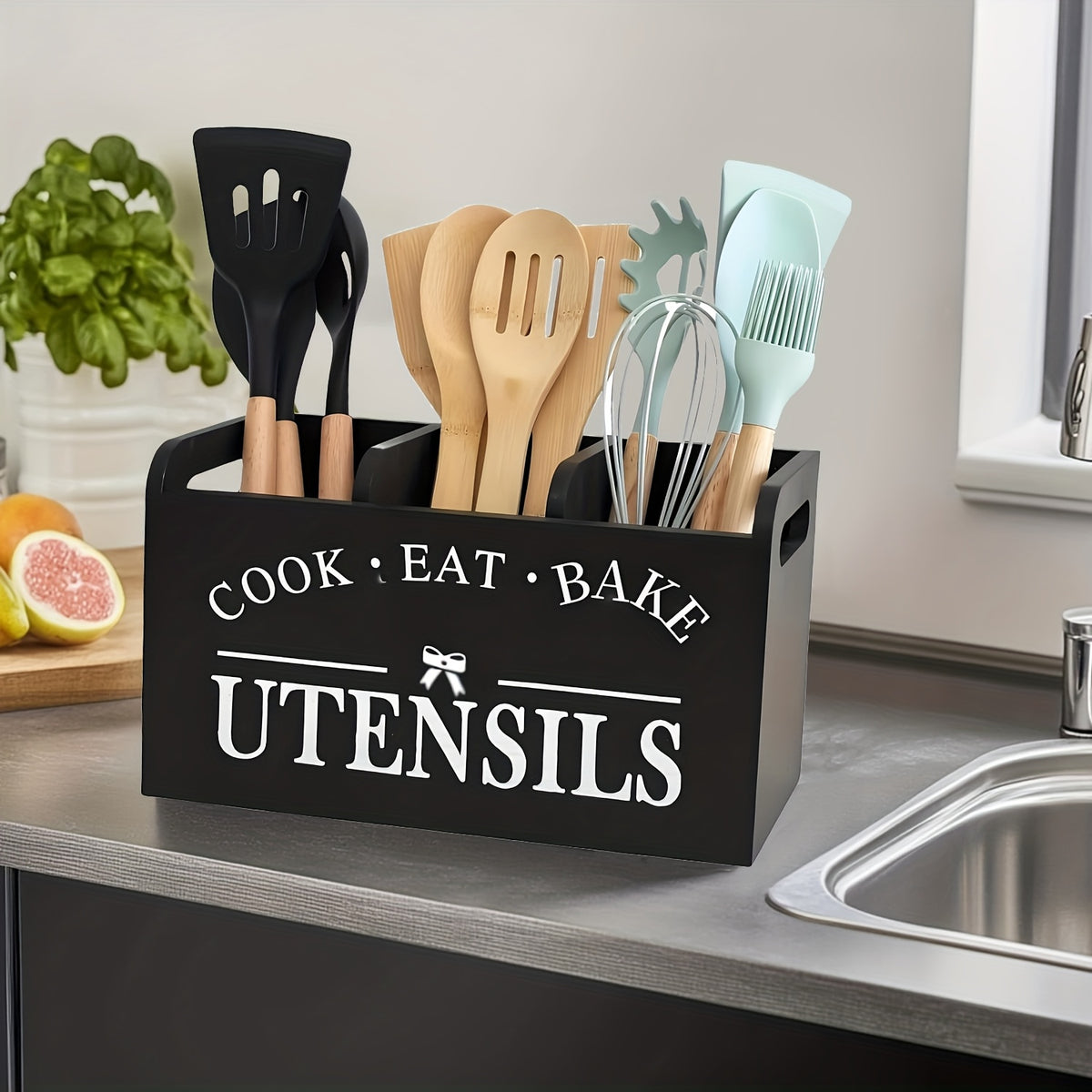 1pc of a Spacious Rustic Wooden Organizer for Kitchen Utensils, Featuring a Handle And Three Compartments. It Can Be Placed on The Countertop Or Mounted on The Wall, Making It Ideal for Storing Cooking, Dining, And Baking Tools