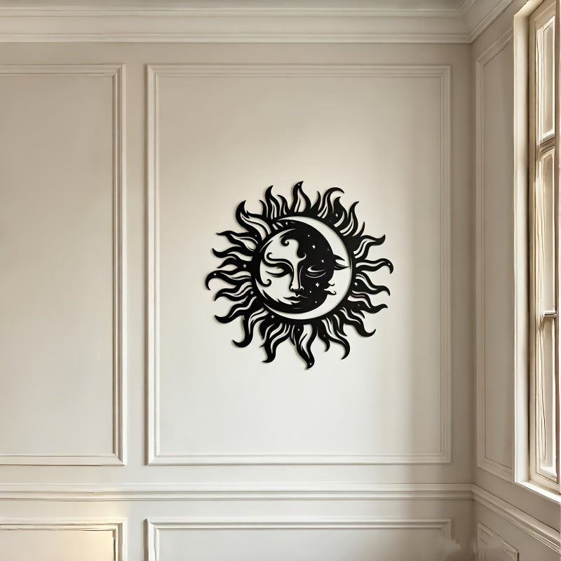 1pc Of Elegant Black Sun And Moon Metal Wall Art- Intricate Iron Design With Mystical Symbols, Perfect For Home, Office Or Outdoor Garden Decoration, Ideal Housewarming Gift, 15.7inch X 7inch Cm, Outdoor Decoration