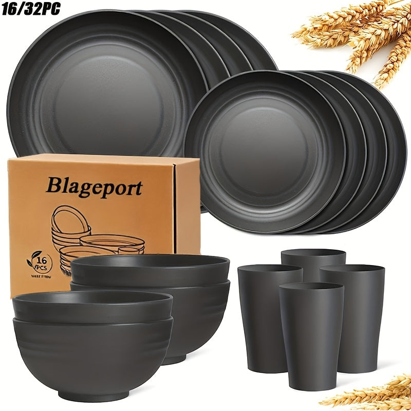 32/16pcs Dinnerware Set Made from Wheat Straw, Designed for 8 Or 4 People, Includes Kitchen Additions, Unbreakable Modern Plates, Dessert Plates, Bowls, And Cups. Safe for Dishwasher And Microwave, Lightweight for Camping And Daily Use