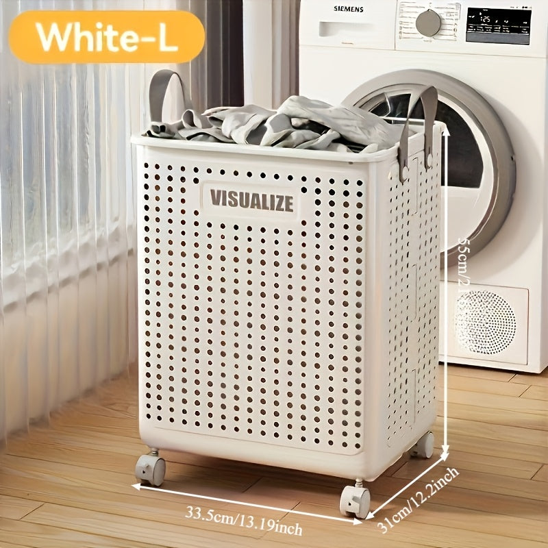 11/15/17.5 Gallon Foldable Laundry Basket with Wheels, Breathable Plastic Rolling Laundry Hamper with Faux Leather Handles, Space-Saving Clothes Storage Bin for Bathroom And Bedroom, Laundry Baskets