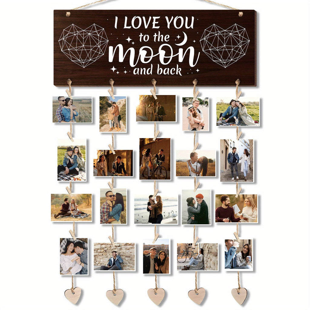 1 Set Wooden Hanging Photo Frames, I Love You to The Moon And Back Picture Holder - Gifts for Him Boyfriend, Her Girlfriend And Wife Husband, Romantic Picture Frame Gifts of Couples for Wedding, Anniversary, Valentine'S Day, Christmas Gifts