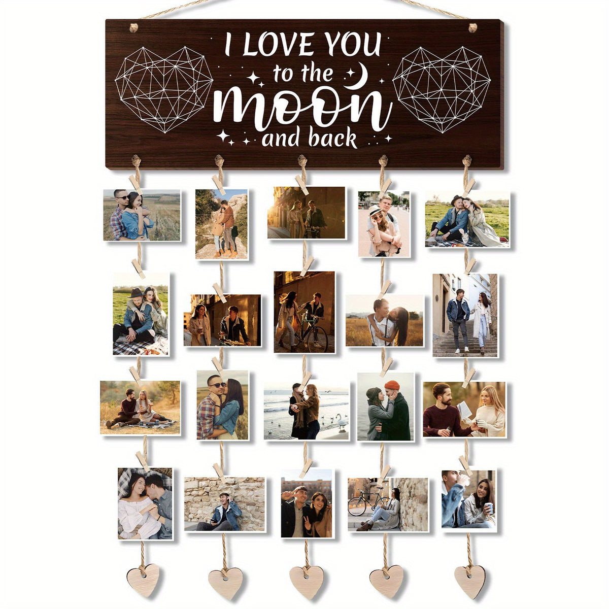 1 Set Wooden Hanging Photo Frames, I Love You to The Moon And Back Picture Holder - Gifts for Him Boyfriend, Her Girlfriend And Wife Husband, Romantic Picture Frame Gifts of Couples for Wedding, Anniversary, Valentine'S Day, Christmas Gifts