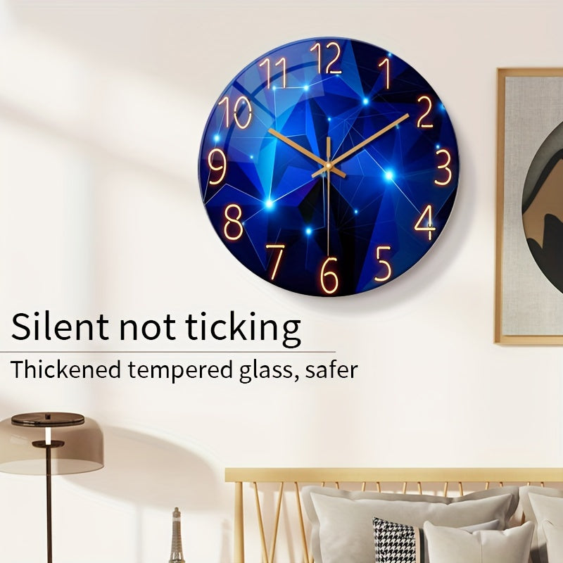 Large Modern Blue Glass Wall Clock - Dark Blue Accessories, 12-24 Inch Silent Quartz Clock, Battery-powered, Suitable for Living Room, Bedroom, Office Decorative Clock, Housewarming Gift, Home Decoration, Fantasy-style Design