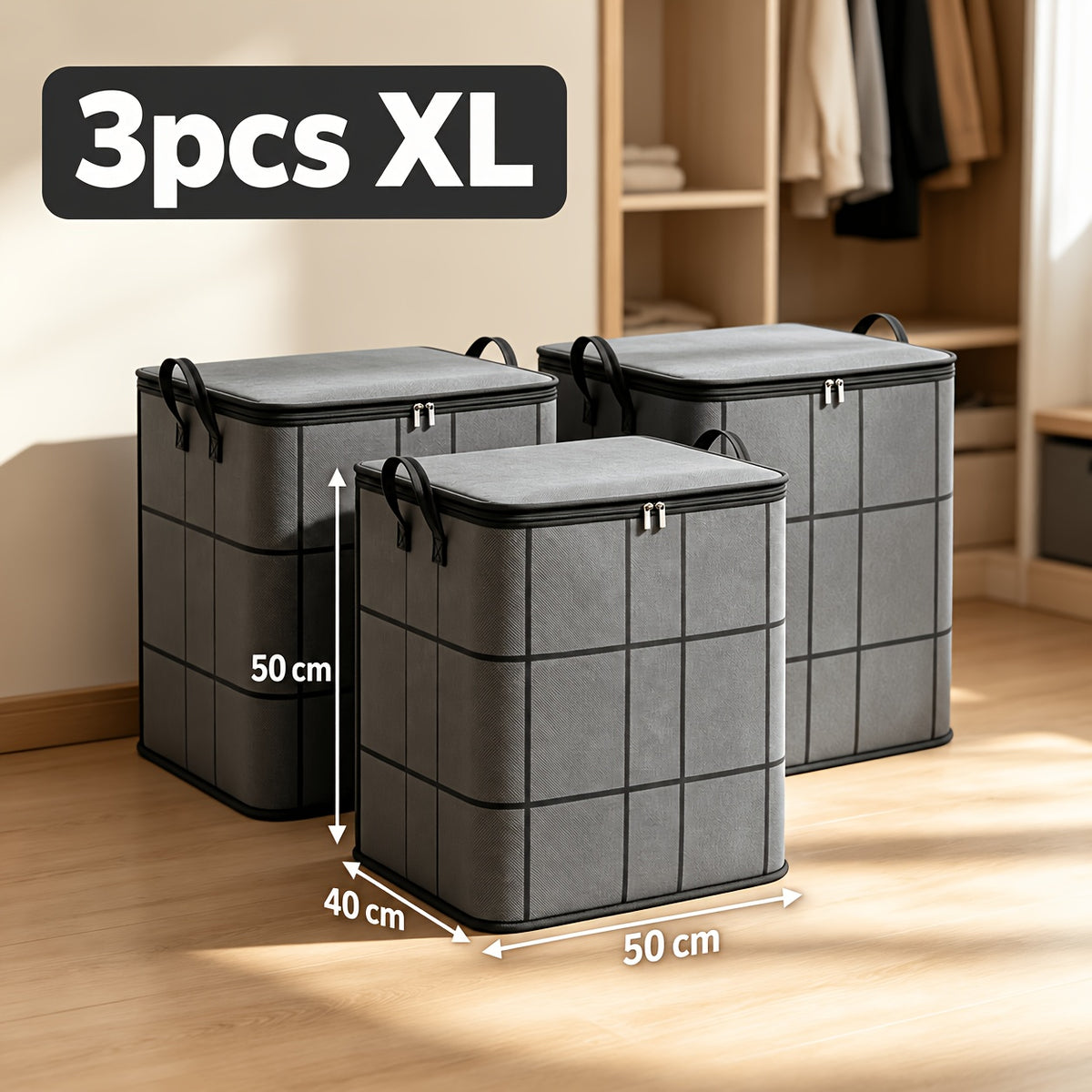3pcs Set L/XL/XXL Storage Bags with Zippers And Lids - Foldable Durable Organizer Bags for Bedding, Blankets, Pillows, And with Portable Handles, Essential Travel Gear, Under-Bed Storage