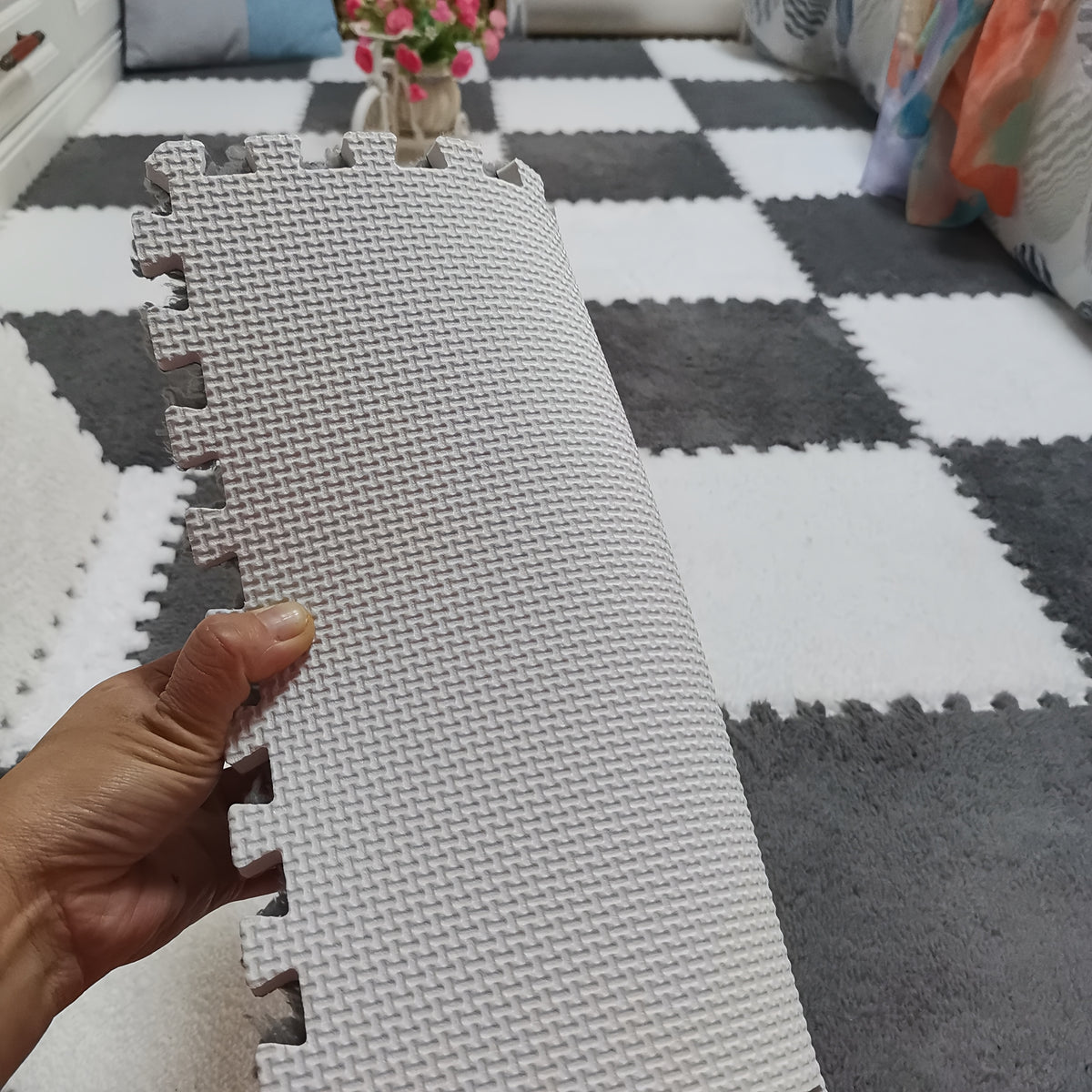 12pcs Interlocking Foam Floor Tiles in Solid Color Gray/White/Black - Soft, Washable, Non-Slip EVA Mats for Bedroom, Living Room, Home Decor, Pet Spaces, And More