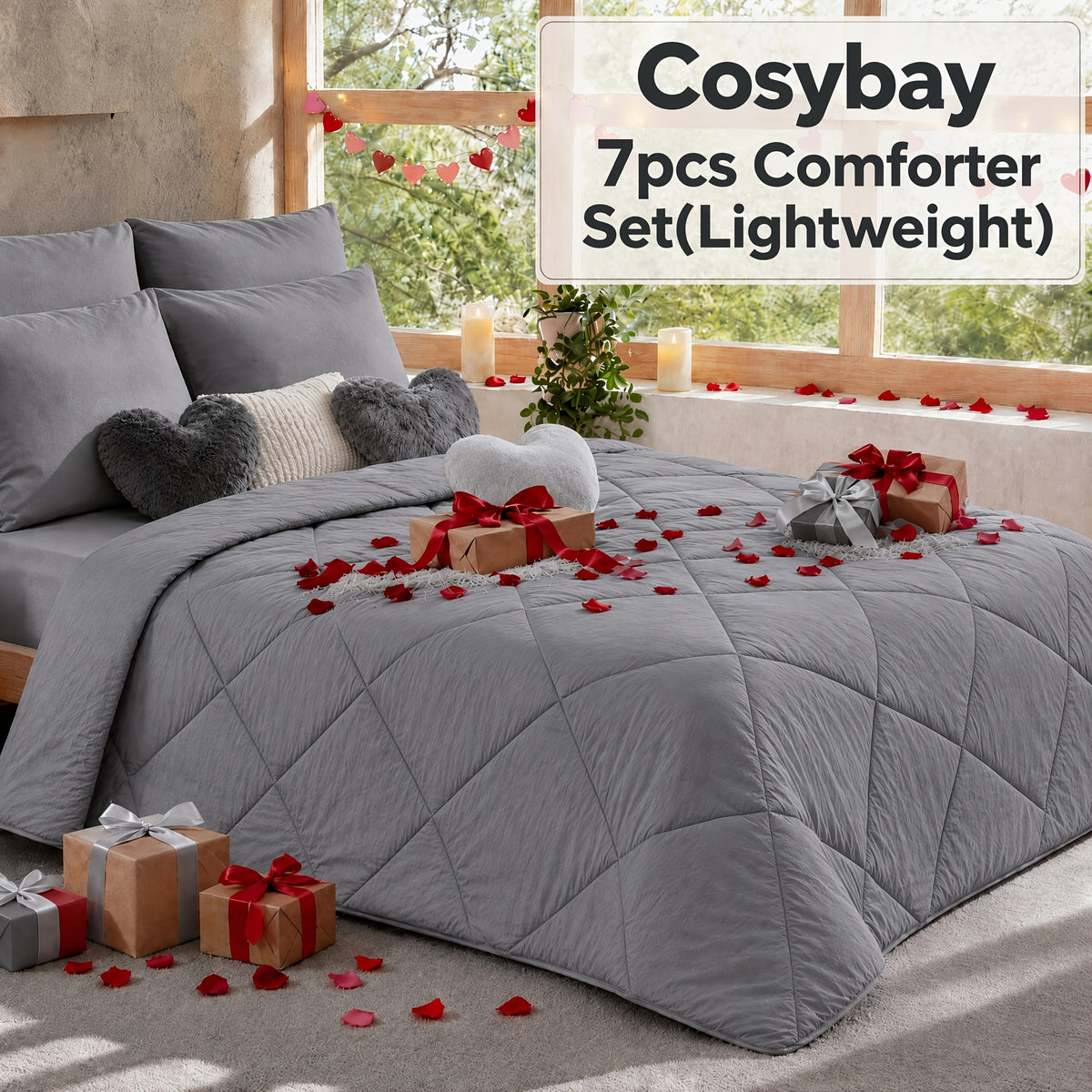 Cosybay 7 Piece Pinch Pleated Comforter Set Queen King Size, Luxury Soft Fluffy Bedding Includes 1 Comforter, 1 Extra Deep Pocket Fitted Sheet, 1 Flat Sheet, 4 Pillowcases & Pillow Covers, Perfect for Halloween Party, Holiday Celebrations & Birthday