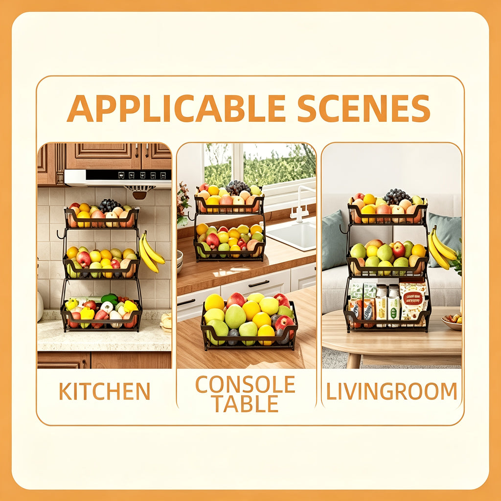 2-Tier Countertop Fruit Basket with 2 Banana Hangers for Kitchen, Detachable Metal Organizer for Bread Vegetable Fruits with Wooden Handle, Large Capacity Rectangular Storage Stand Bowls, Black