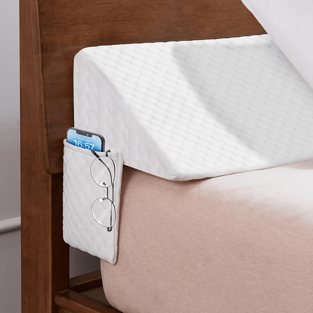 Bed Gap Filler Pillow with Side Pocket, Triangular Headboard Mattress Wedge for Bedroom Backrest Support in Twin, Full, Queen and King Sizes