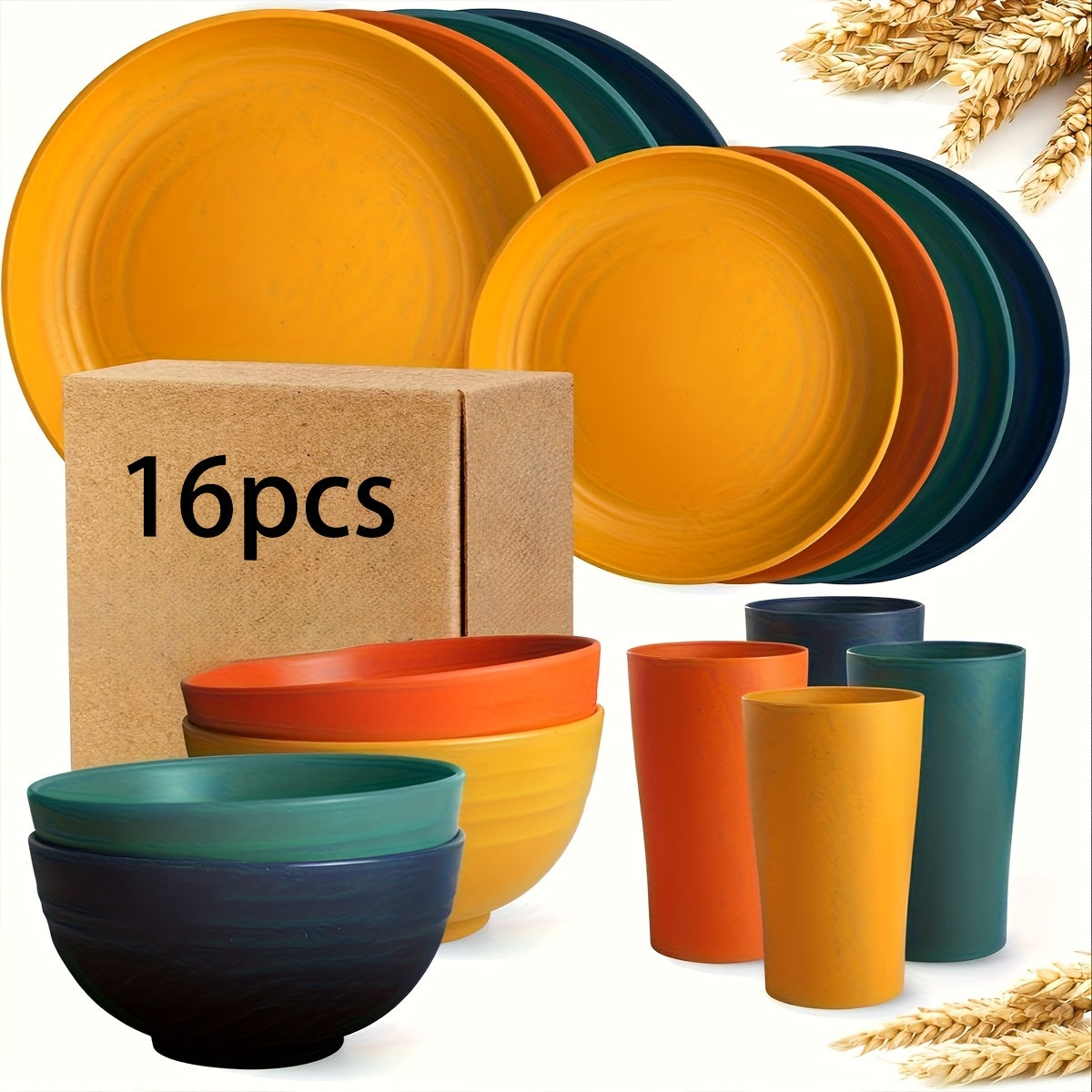 32/16pcs Dinnerware Set Made from Wheat Straw, Designed for 8 Or 4 People, Includes Kitchen Additions, Unbreakable Modern Plates, Dessert Plates, Bowls, And Cups. Safe for Dishwasher And Microwave, Lightweight for Camping And Daily Use