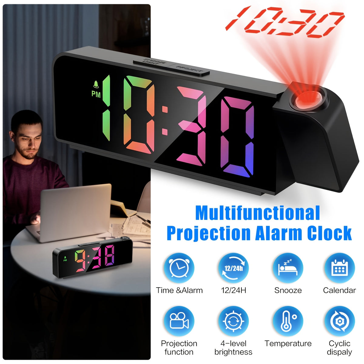 Black Projection Alarm Clock, Multifunctional LED Digital Clock with Colorful Light, USB, Displays Year, Date, Temperature, Adjustable Brightness, Bedroom Clock, 1 Pack,